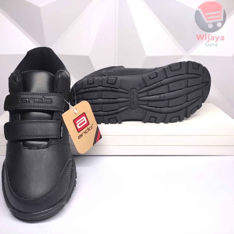 Sepatu Sekolah Ando 35-38 Sneaker Anak Hitam Polos Putih Strap Velcro yang Praktis MORGAN LIAM BOAZ SIP