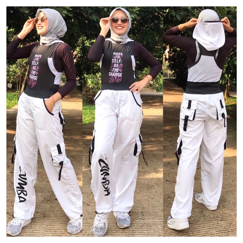 Celana senam cargo Putih sablon zumba hitam / Celana training zumba Aerobik Fitness Running Gym