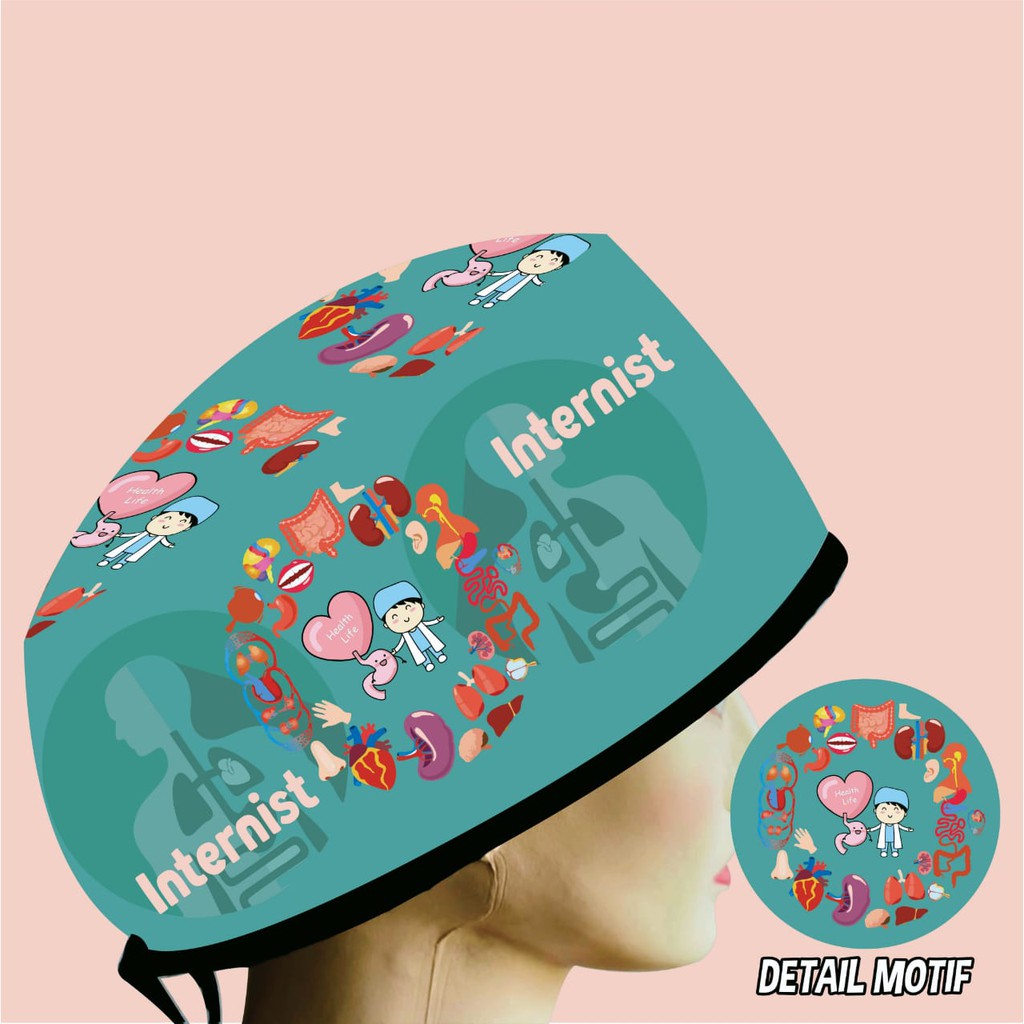 Head Cap /Topi Medis / Scrub Hat / Surgical Cap / Topi Dokter Custom Printing Motif Internist