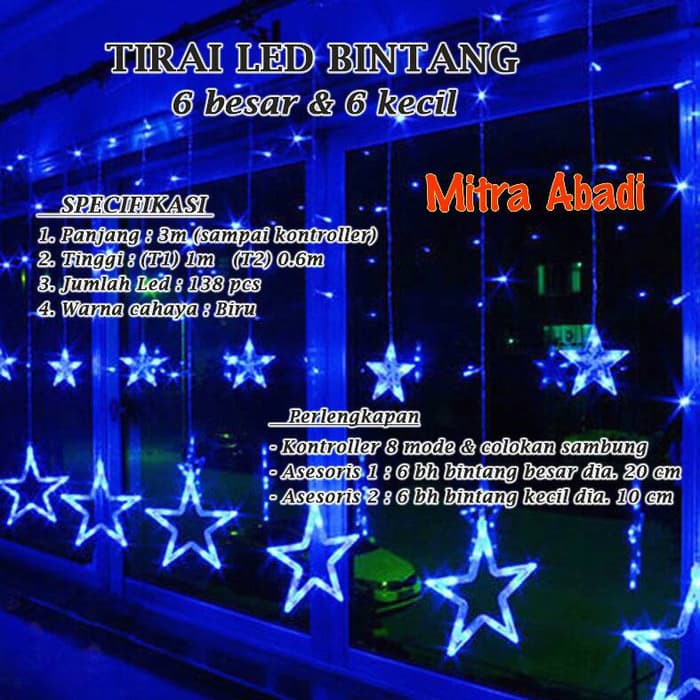 Lampu Natal Tirai LED Bintang 138 LED Panjang 3 Meter