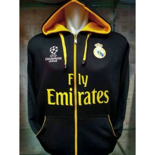 Jaket Hoodie Real Madrid UCL warna hitam list Kuning terbaru musim 2016/2017