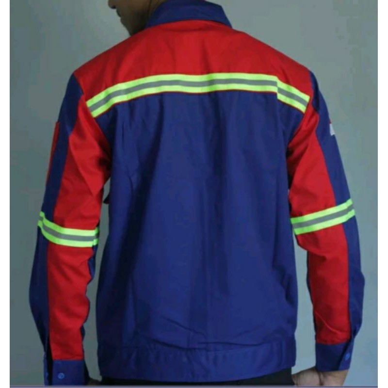 BAJU SAFETY FREE LOGO BORDIR K3 BENDERA MERAH KOMBINASI BIRU KAIN DRILL ATASAN SCOTLIGHT HIJAU WEARP