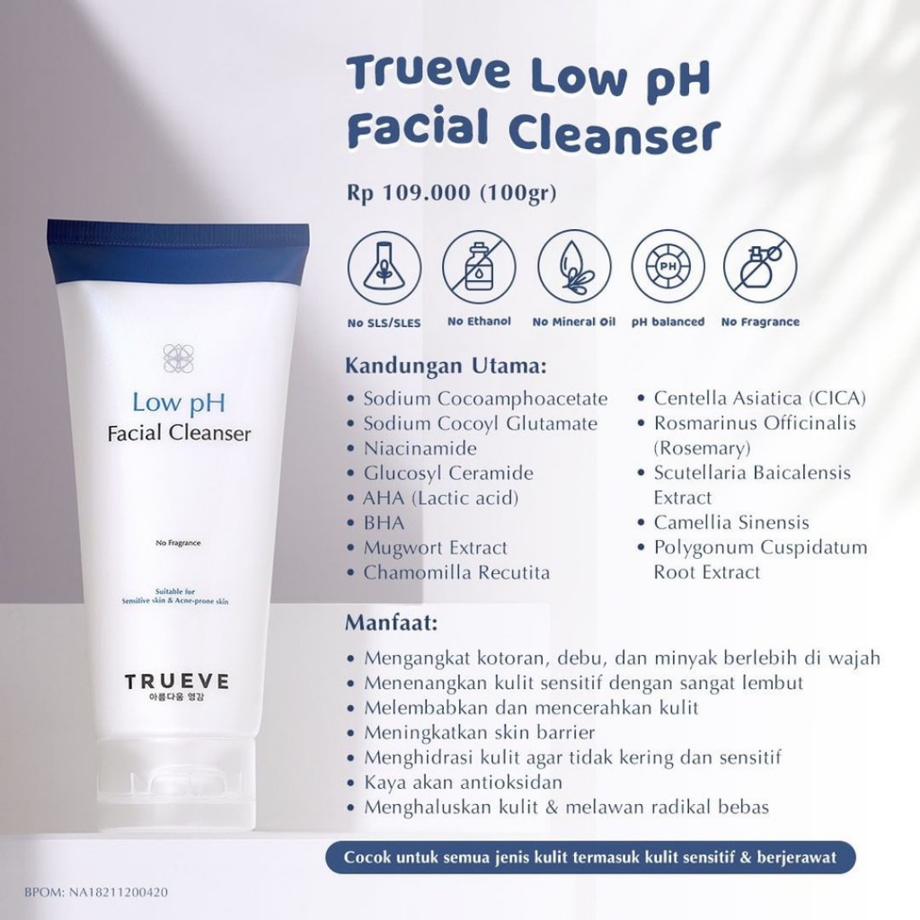 [ FREE ONGKIR ] TRUEVE Gentle Foaming, Low PH Facial Cleanser Facial wash Face wash 100gr