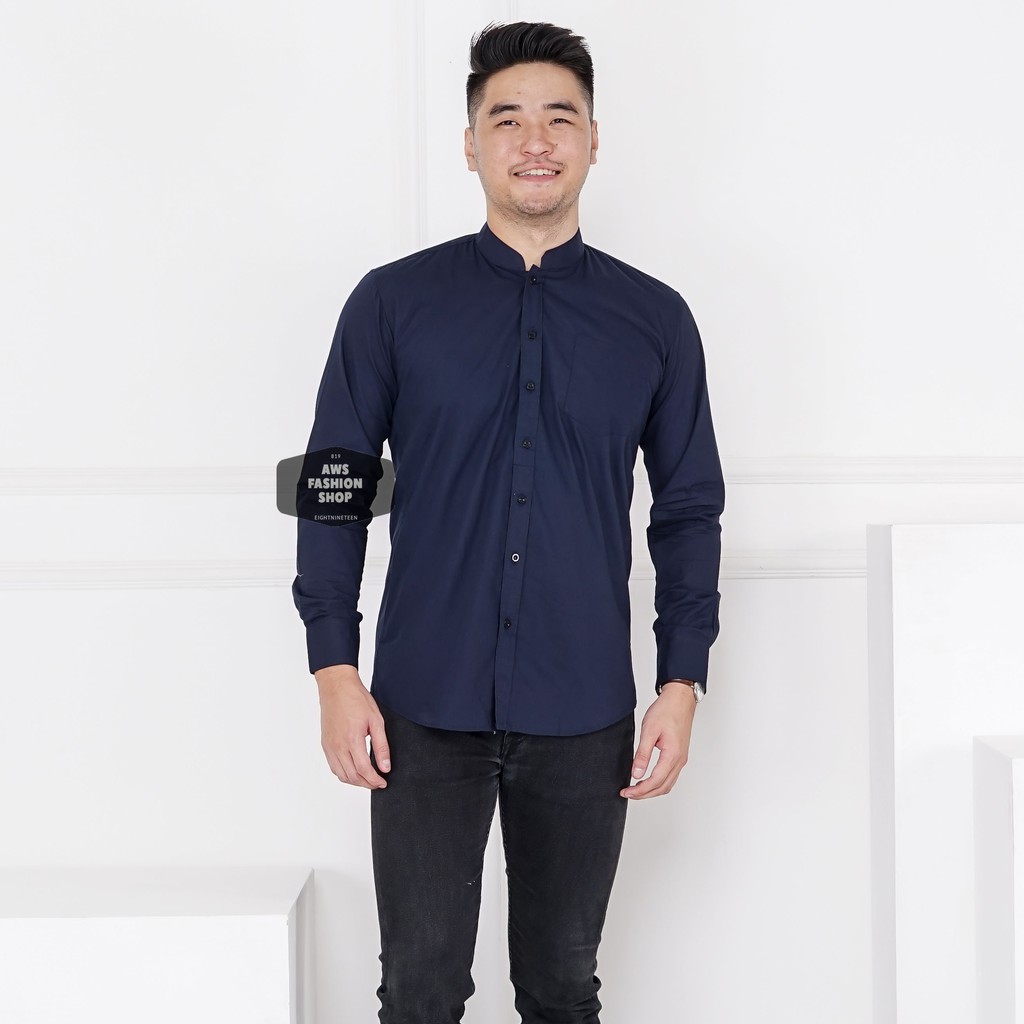 Kemeja Panjang Biru Navy Dark Blue Kerah Shanghai Pria Cowok Casual