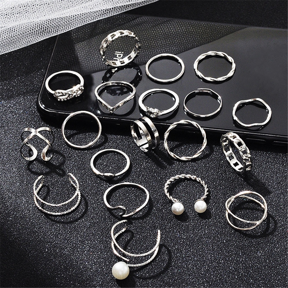 18 pcs Baru Mutiara Geometris Cinta Hati Mutiara Cincin Berlian 18-piece Set untuk Wanita