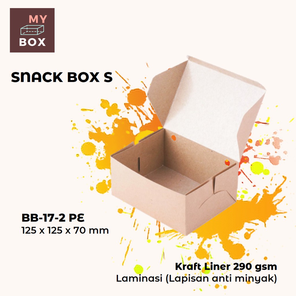 

SNACK BOX DUS KARDUS KOTAK MAKANAN KUE NASI ROTI (S) BB-17-2 PE 12.5x12.5x7.5 KRAFT 290gsm LAMINASI