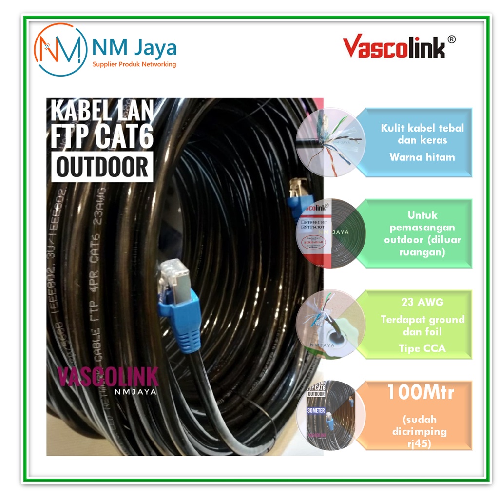 Kabel Lan Outdoor 100 Meter FTP CAT6 Siap Pakai sudah dicrimping rj45 besi dan plugbooth Vascolink Warna Hitam