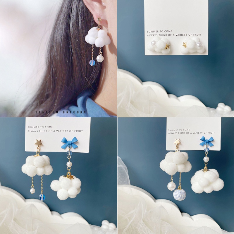 Siy Anting Tusuk Gantung Desain Awanpompom Warna Putihbiru Gaya Romantis Untuk Wanita 2021