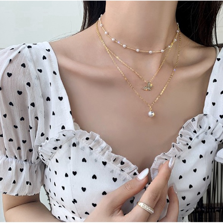 XiaoboACC Korean Fashion Three-layer Pearl Zircon Butterfly Pendant Necklace