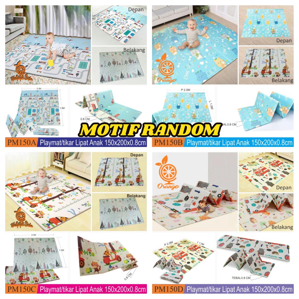 Playmat Premium Anak Bayi Lipat Tebal 5mm Double Pad 2 Ukuran Motif Random Playmat 180 x 200cm Alas Main Anak Tikar Bermain sangat Aman-PM150CM