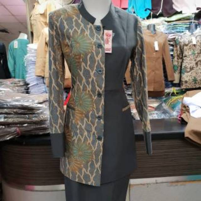 Stelan blazer kerja pns/guru abu batik