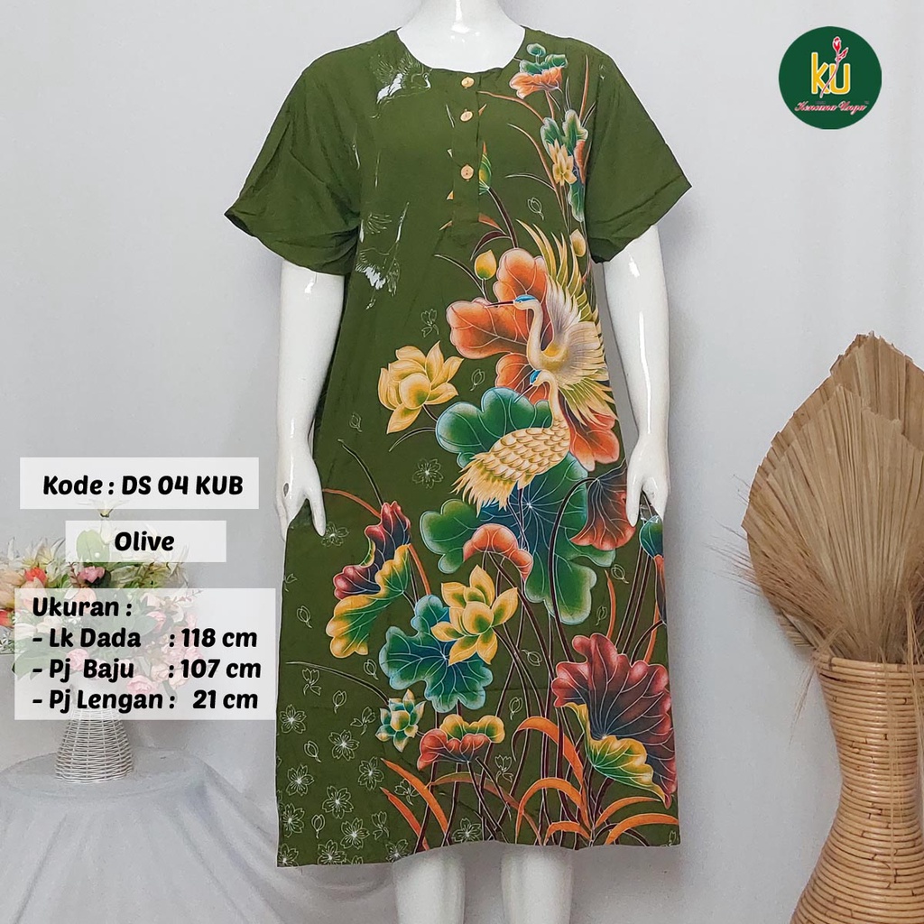 COD DS04 KUB | Daster Batik Kencana Ungu Asli Label Biru Uk. Jumbo LD 120 cm | Baju Santai Tidur Wanita Dewasa Kancing Depan Busui Friendly Motif Terbaru-Olive E