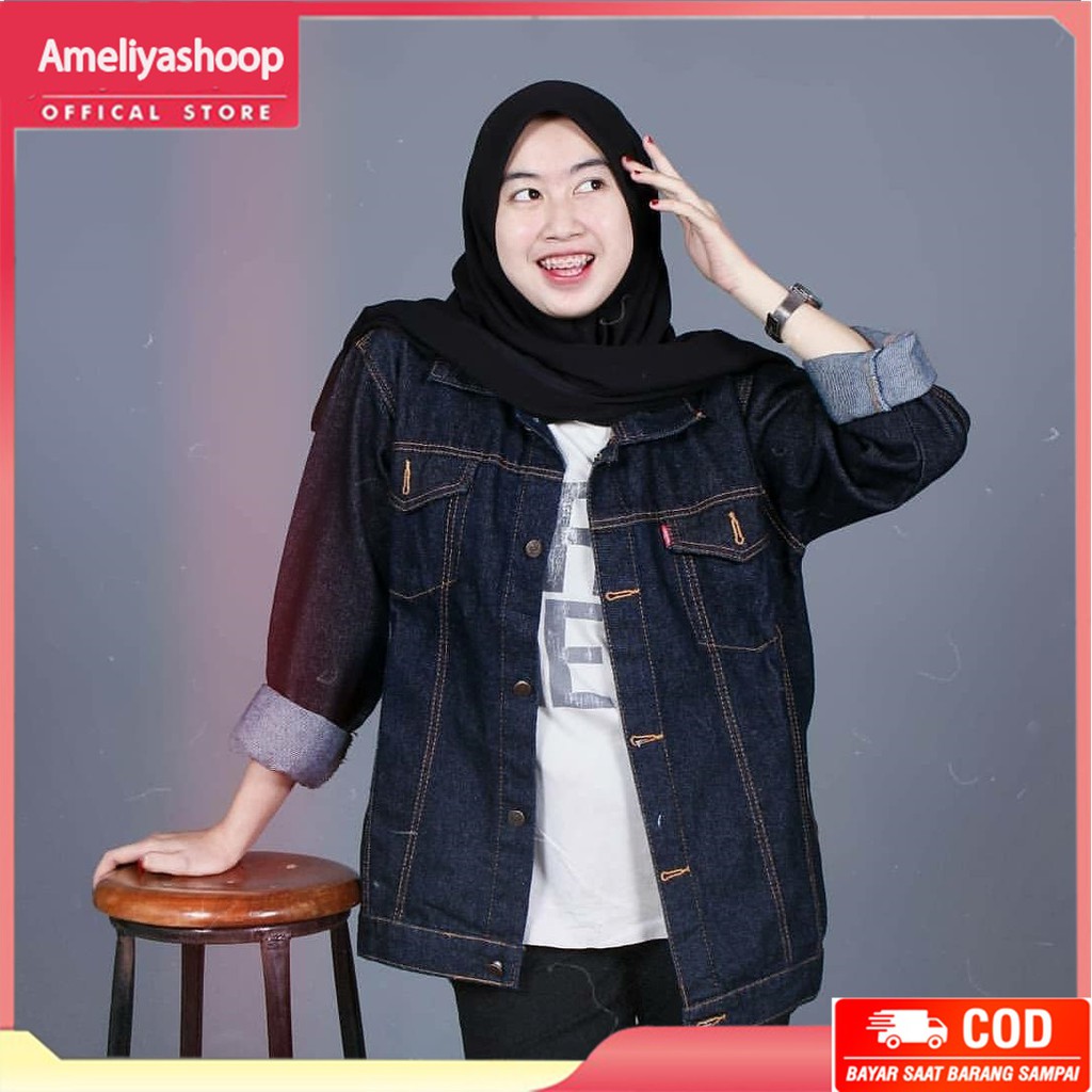 Jaket denim pria biru hitam / jaket jeans pria garment / jaket pria oversize jacket