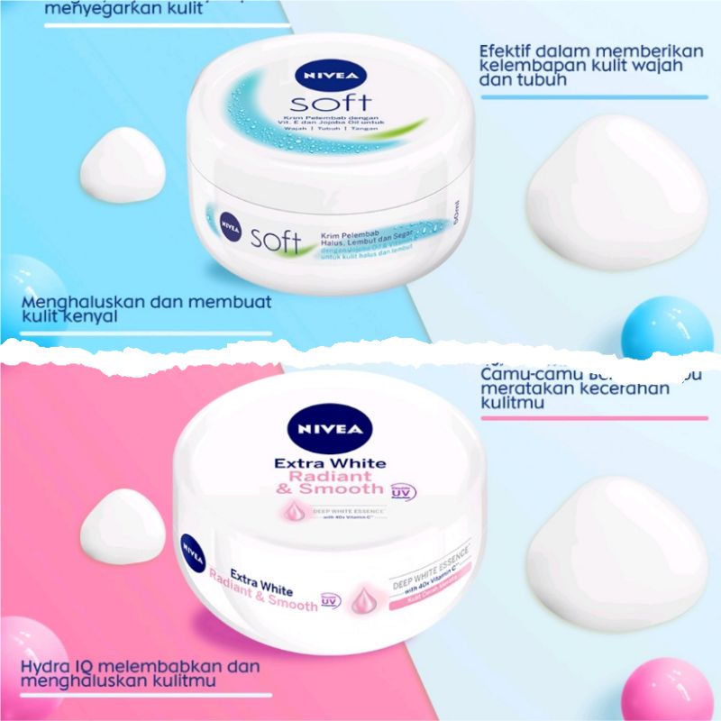 NIVEA Soft Cream Moisturizer 25 50 100 Extra White (BPOM) Nivea Men Creme 30 75 (Victoria)