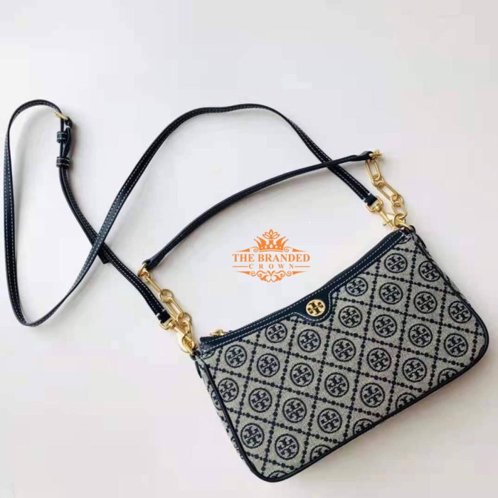 Tas Tory burch T Monogram Jacquard Zip Shoulder Bag Navy