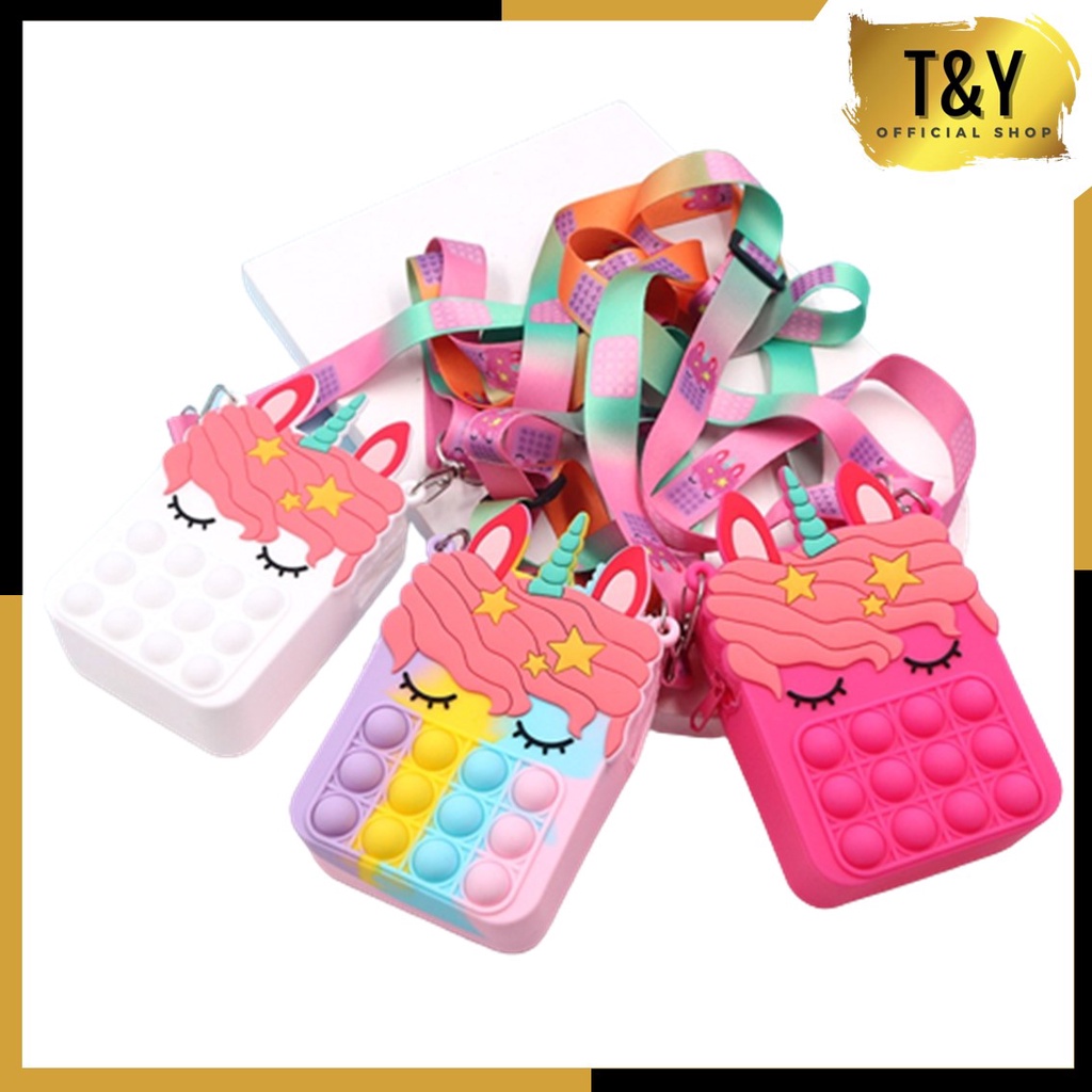 T&amp;Y  Tas Selempang Anak Pop It Unicorn Bubble Fidget Push Toys Sling Bag Anak Popit Wallet Cross Bag Untuk Anak Anak Dan Dewasa Murah Import