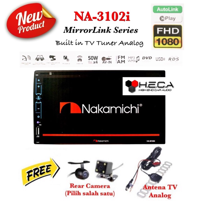Nakamichi NA-3102i AutoLink Mirrorlink Tape TV Mobil NA 3102i Head Unit Double Din & Kamera Mundur