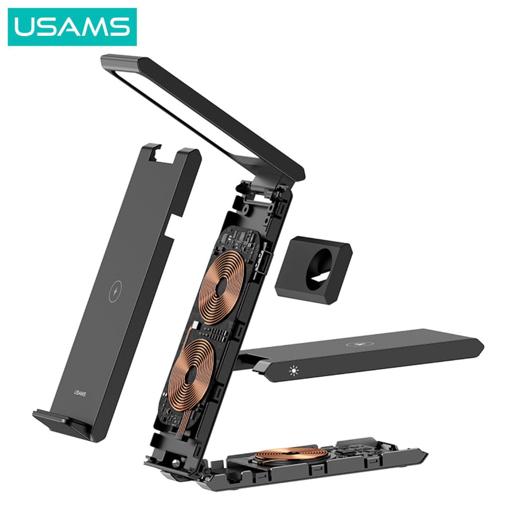 USAMS CD181 Folding Wireless Charging Stand 3in1 With Table Lamp 15W