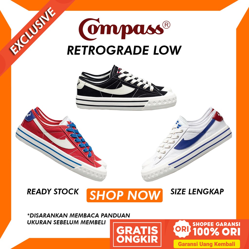 Sepatu Compass Retrograde Low Black White / White Blue / Red Blue Original
