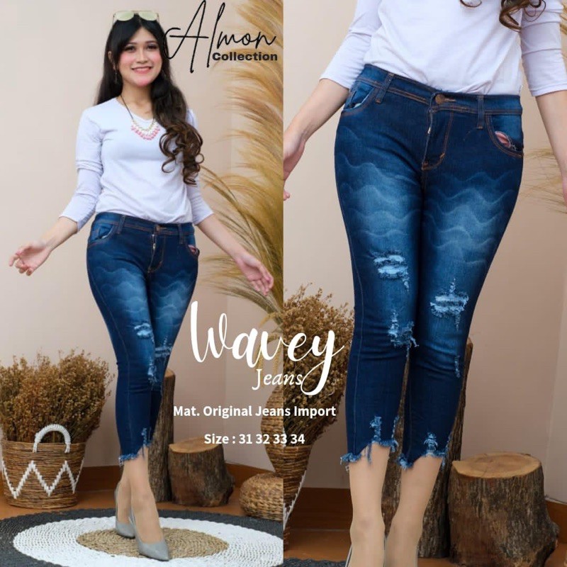 Wavey Jeans celana 7/9 sobek tidak tembus