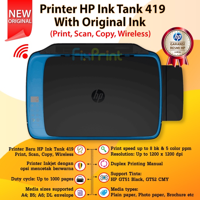 Printer HP Ink Tank 419 Wireless All in One Print Scan Copy New