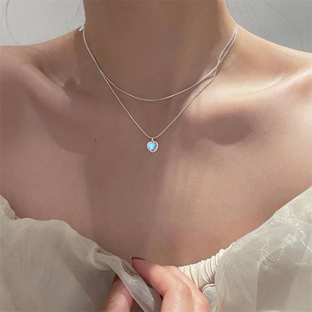 Timekey Kalung Choker Rantai Silver Wanita Liontin Hati Hias Moonstone Untuk Pesta Pernikahan E6Y5