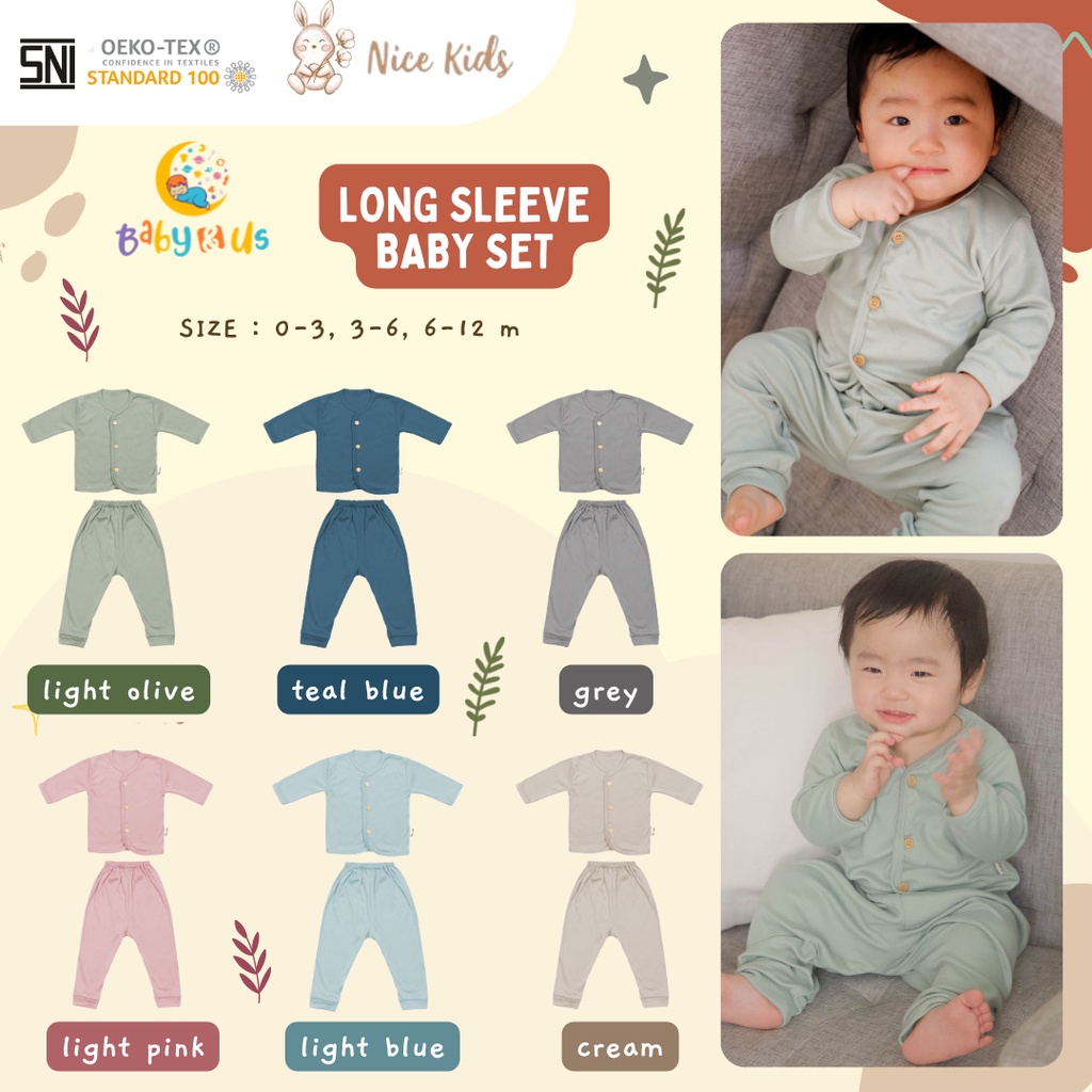 Nice Kids Long Sleeve Baby Set - Setelan Lengan Panjang Celana Panjang Bayi 0-3 3-6 6-12 bulan