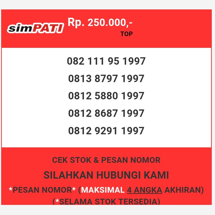 Nomor cantik Telkomsel murah tahun lahir 1997 simpati & loop T0888-250