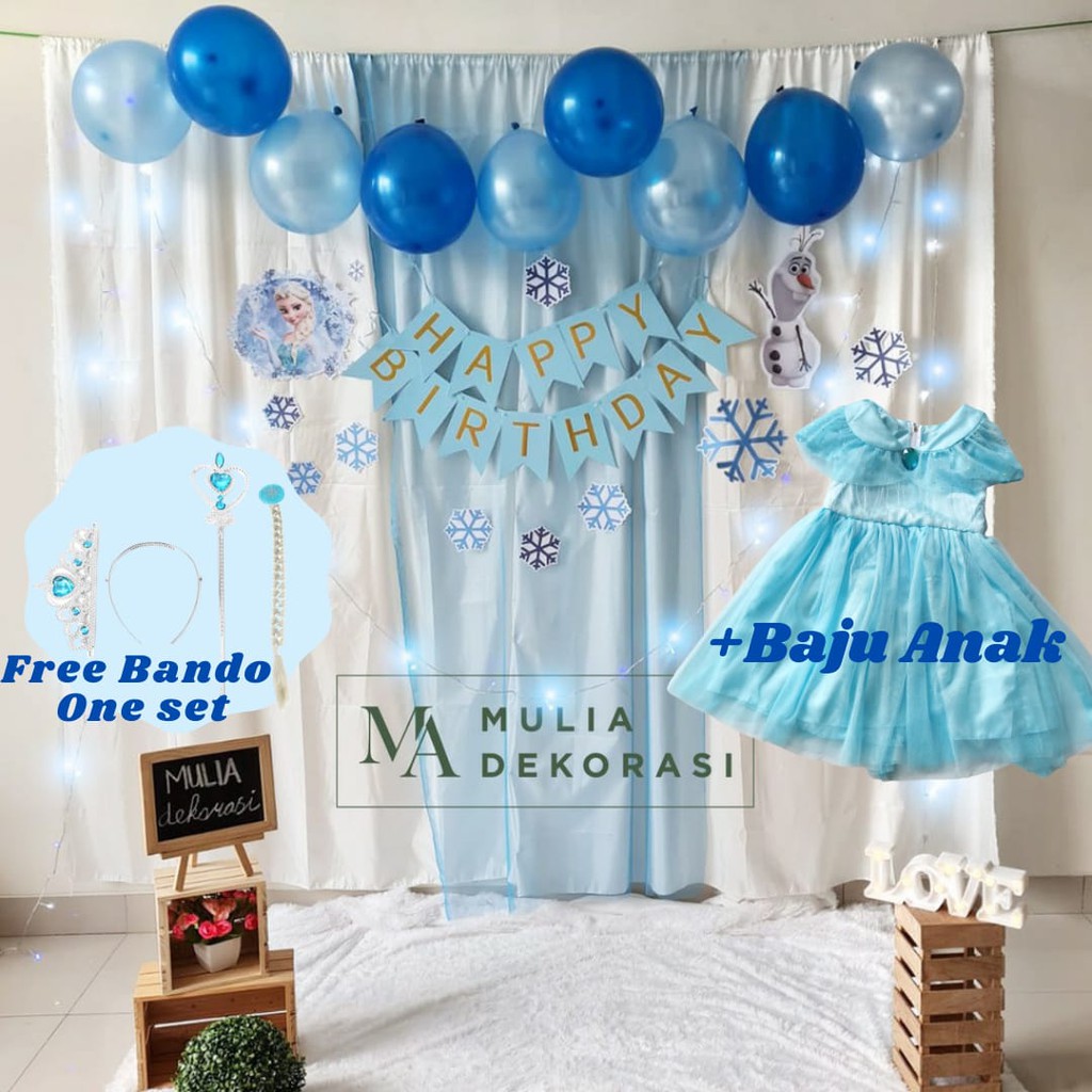 Backdrop Dekorasi Ulang Tahun Aqiqah Pesta Anak Paket Frozen + Dress Gamis Bayi Anak