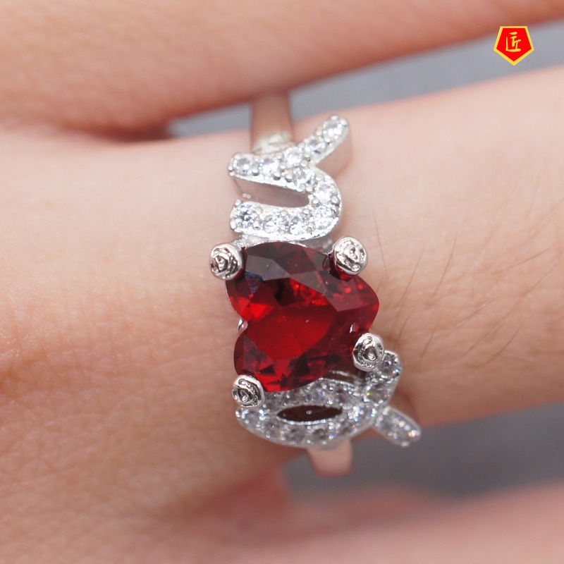 [Ready Stock]I Love U Heart-Shaped Red Rhinestone Ring 925 Silver Female