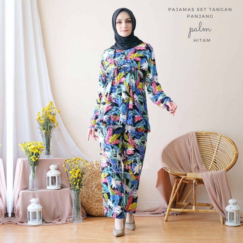 vSamantha - Pajamas Set / Piyama Set Muslim Rayon Rempel Busui Friendly - Tangan Panjang II-Palm Hitam