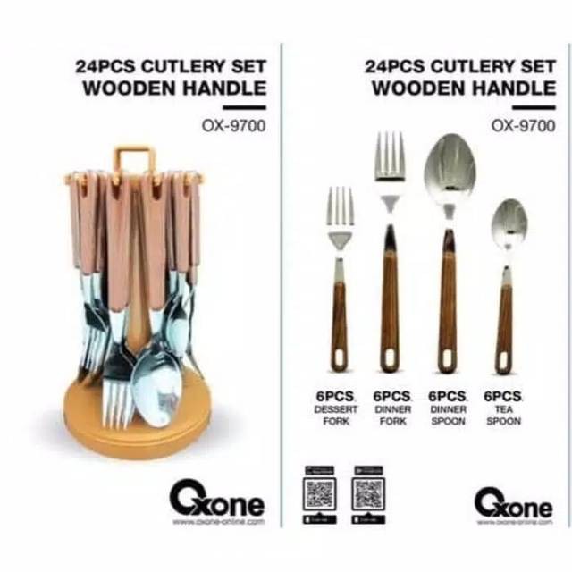 Oxone OX-9700 24Pcs Wooden Handle Cutlery Set  With Cover ,24pcs Sendok Garpu Set Dengan Wadah Tutup