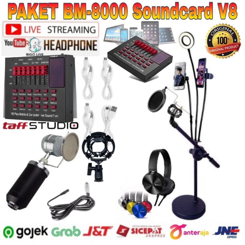 Paket Mic BM8000 Soundcard V8 Stand Lazypod 2x phone Holder Lampu Ring Light