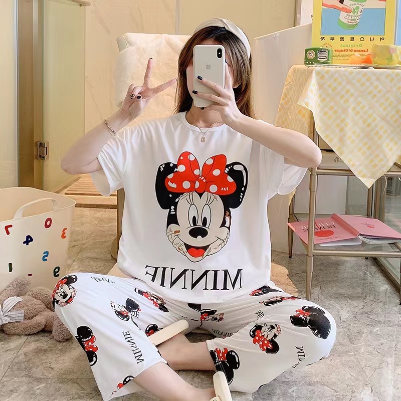 Piyama Oversize Bahan Kaos Lengan Pendek Baju Tidur Wanita pakaian tidur wanita kaos set baju tidur wanita piyama-White Minnie
