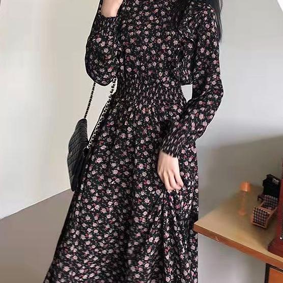 Paling Diminati 2022 baru lengan panjang floral korea dress sifon bunga ramping