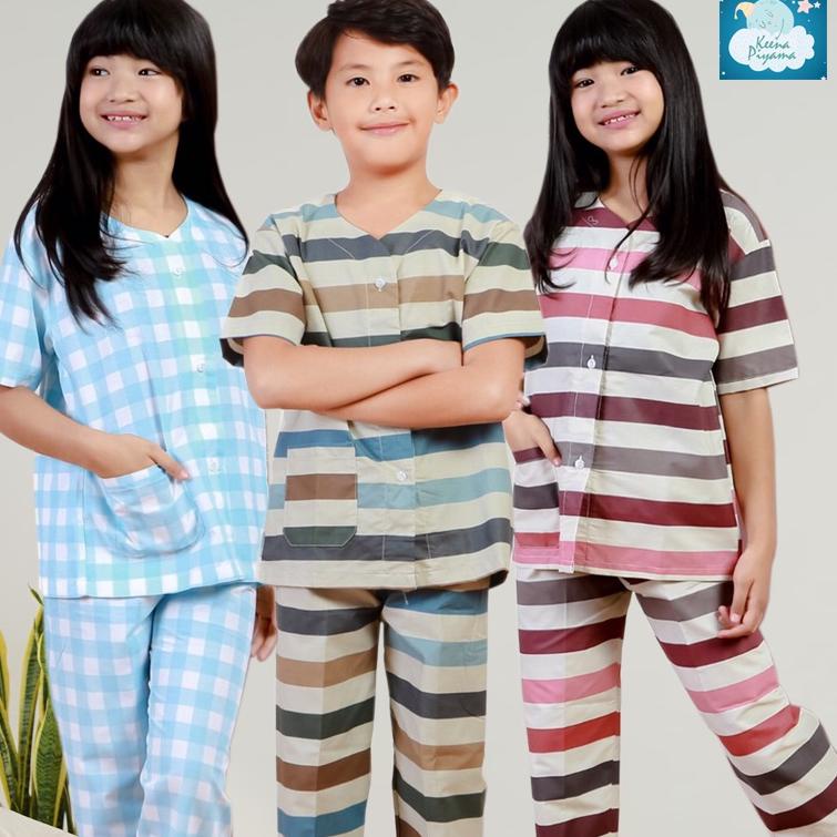 ッ Set Baju Tidur/Piyama Anak Perempuan Laki Laki Katun Kerah Y Motif Garis Kotak Usia 1-15 Tahun ☂