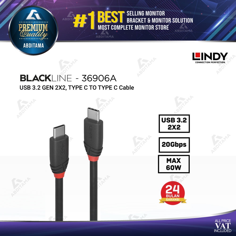 KABEL USB 3.2 LINDY GEN 2X2, TYPE C TO TYPE C, BLACK, 1M - 36906A