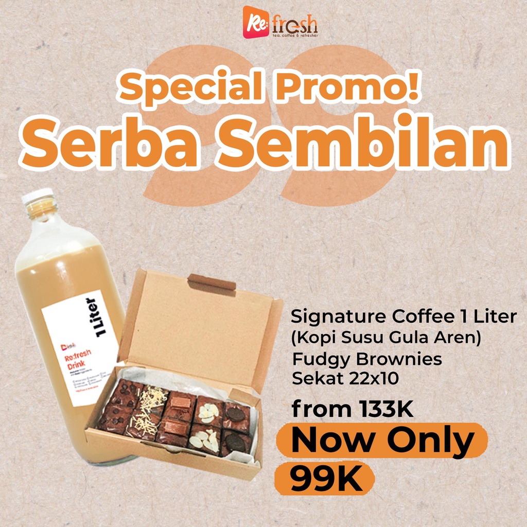 

Refresh Signature Coffee (Kopi Susu Gula Aren) 1 Liter + Fudgy Brownies Sekat 22x10 4 Topping