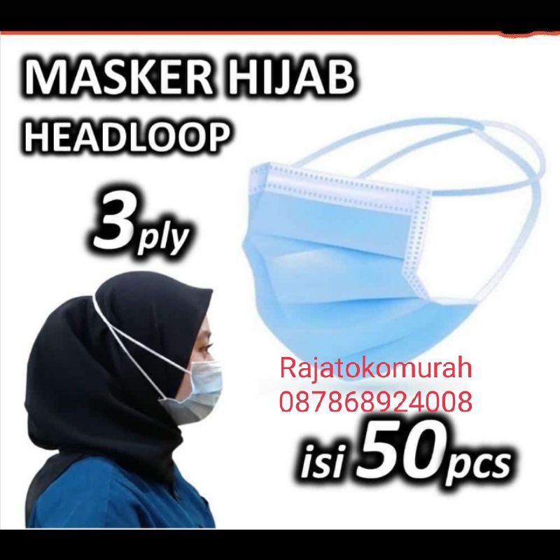 [MURAH] Masker hijab isi 50 izin kemenkes tebal 3ply/masker hijab BIRU disposable hijab Tebal