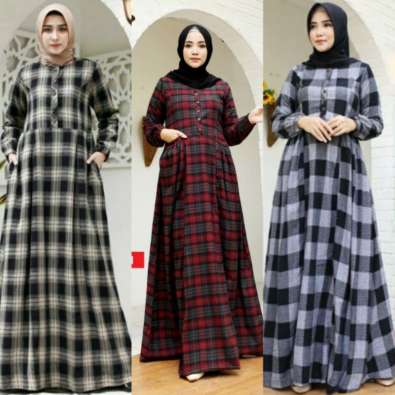 (COD)Gamis Kotak Flanel Gamis Busui Gamis Motif Kotak kotak-Gamis Katun