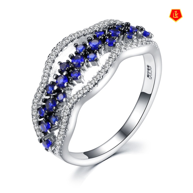 [Ready Stock]925 Silver Inlaid Sapphire Ring Fashionable and Elegant