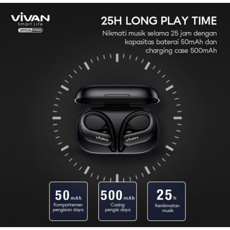 VIVAN Headset TWS Bluetooth 5.0 Waterproof IPX5 25 Hours Play Sport X