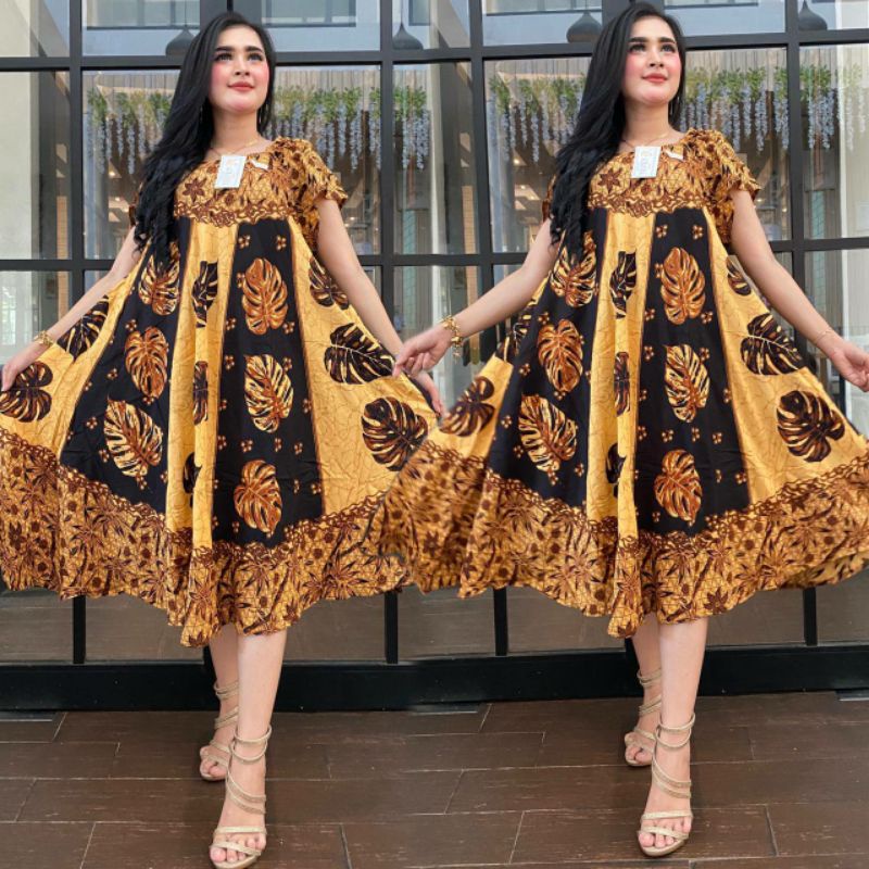 Daster payung daster serut motif batik monokrom bahan rayon premium daster kekinian dress wanita piyama dan baju tidur warna latte