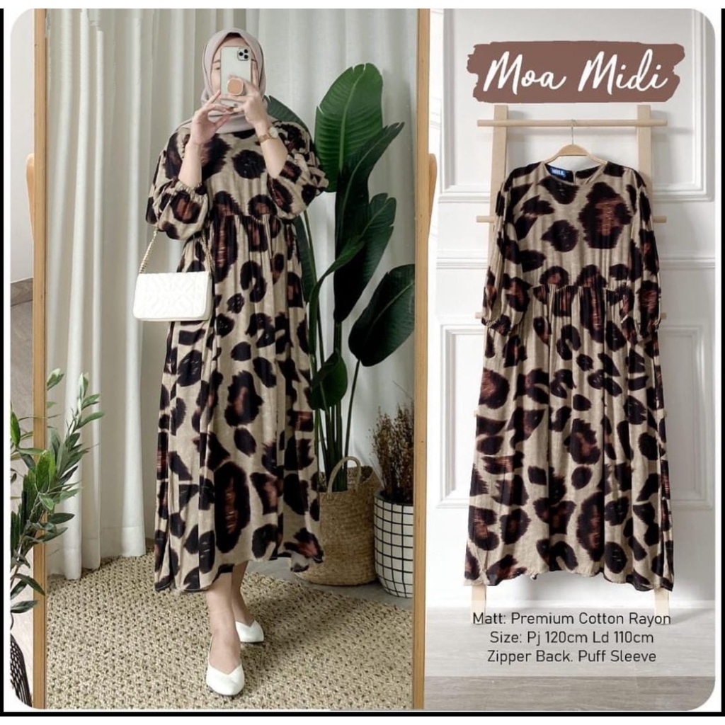 MOA MIDI DRESS MOTIF LEOPARD / GAMIS KATUN RAYON MOTIF MACAN / BUSANA MUSLIM TERBARU FIT M- XXL