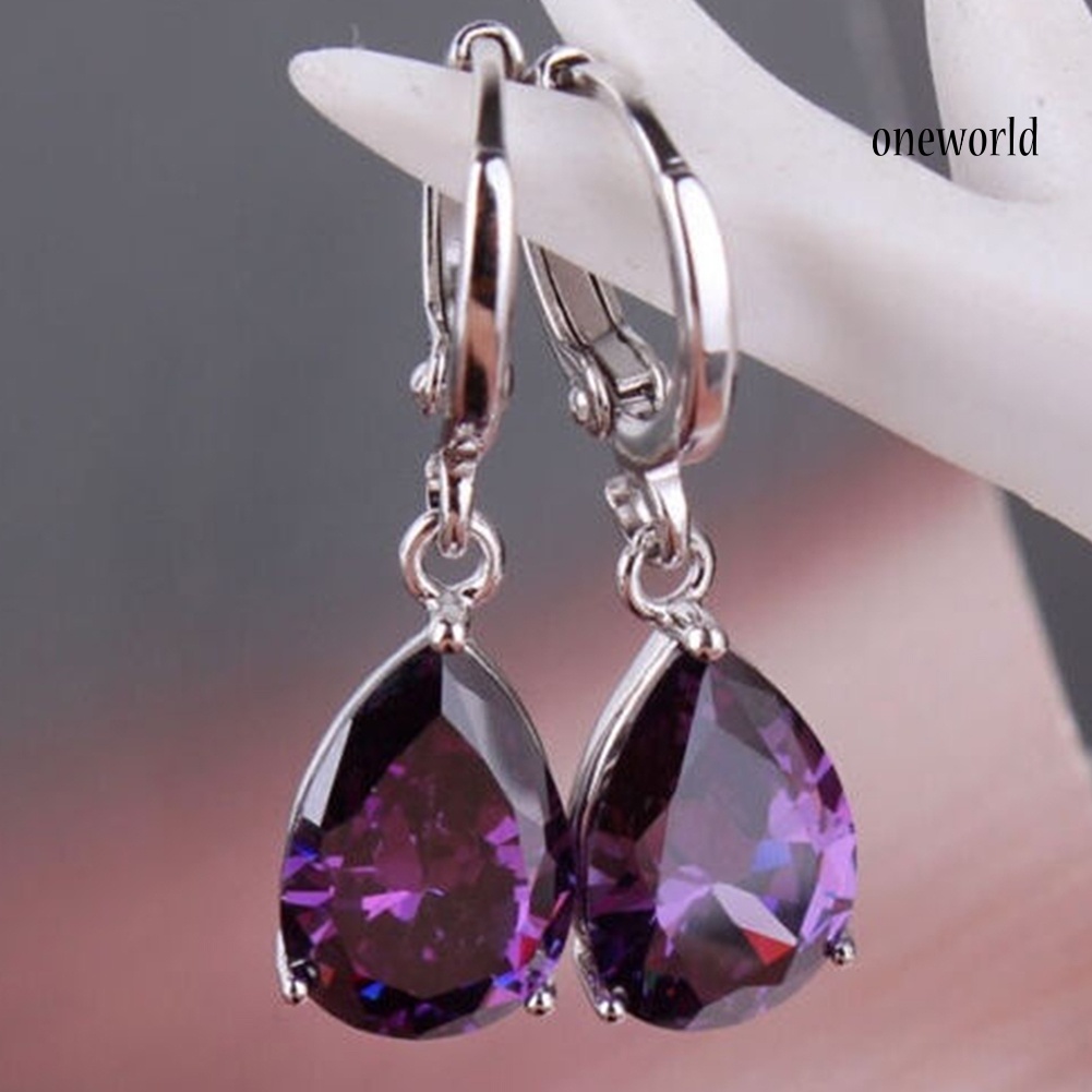 OW@ Elegant Women's Purple Rhinestone Water Drops Leverback Dangle Earrings Gift