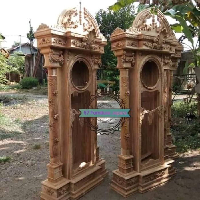 Lemari jam besar ukir Jepara kayu jati mentahan - jam Masjid brawijaya