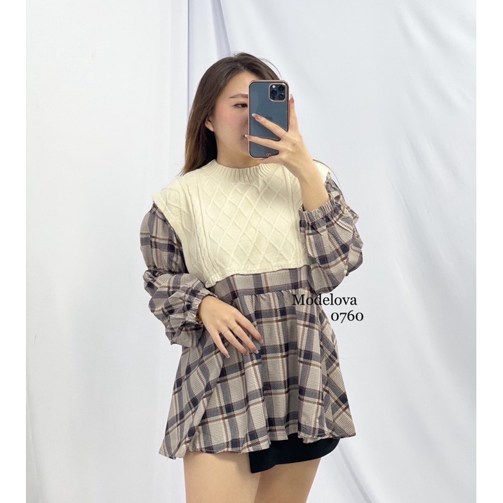 MDLV ~ BM 0760 PLAID BABYDOLL TOPS KOREA BLOUSE RAJUT COMBI ATASAN RAJUT IMPORT FASHION IMPORT