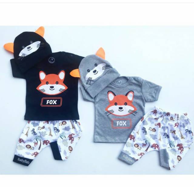 Baju setelan kaos celana topi gambar musang lucu pergi casual fashion anak bayi cowok laki murah FOX