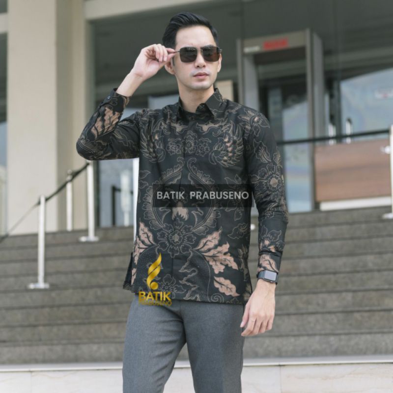 Batik Prabuseno Motif Prabowo Sogan Kemeja Pria Lengan Panjang Reguler Katun Printing Lapis Furing Size S M L XL XXL Jumbo