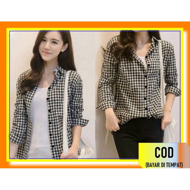 Lv-Kemeja Wanita Import Kotak²/Kemeja Suede Soft EJ125 [Yuka Kotak Ro] Wanit Katun Hitam